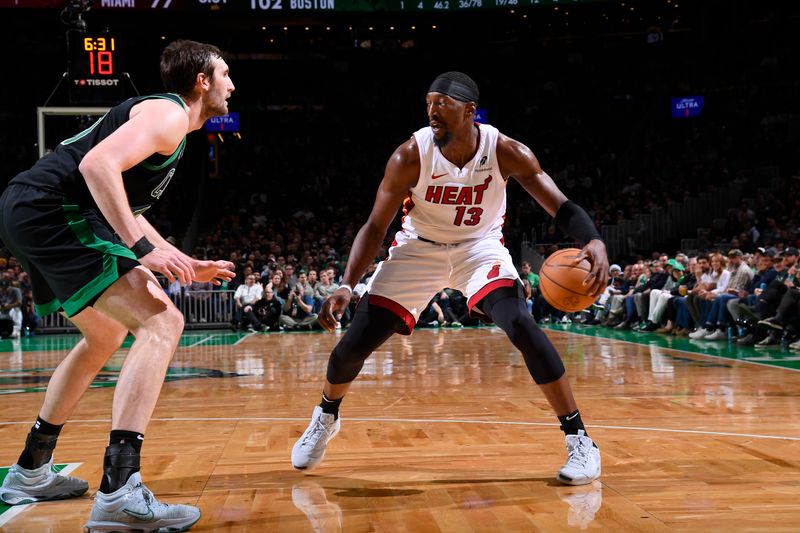 BOSTON, MA - DECEMBER 2: Bam Adebayo #13 of the Miami Heat drives to the basket during the game against the Boston Celtics on December 2, 2024 at TD Garden in Boston, Massachusetts. NOTE TO USER: User expressly acknowledges and agrees that, by downloading and/or using this Photograph, user is consenting to the terms and conditions of the Getty Images License Agreement. Mandatory Copyright Notice: Copyright 2024 NBAE (Photo by Brian Babineau/NBAE via Getty Images)