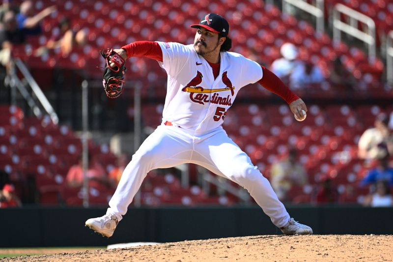 Aug 20, 2023; St. Louis, Missouri, USA; St. Louis Cardinals relief pitcher JoJo Romero (59) pitches against the New York Mets in the ninth inning at Busch Stadium. Mandatory Credit: Joe Puetz-USA TODAY Sports