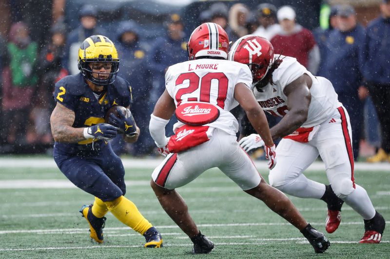 Oct 14, 2023; Ann Arbor, Michigan, USA; Michigan Wolverines running back Blake Corum (2) rushes in the second half against the Indiana Hoosiers at Michigan Stadium. Mandatory Credit: Rick Osentoski-USA TODAY Sports