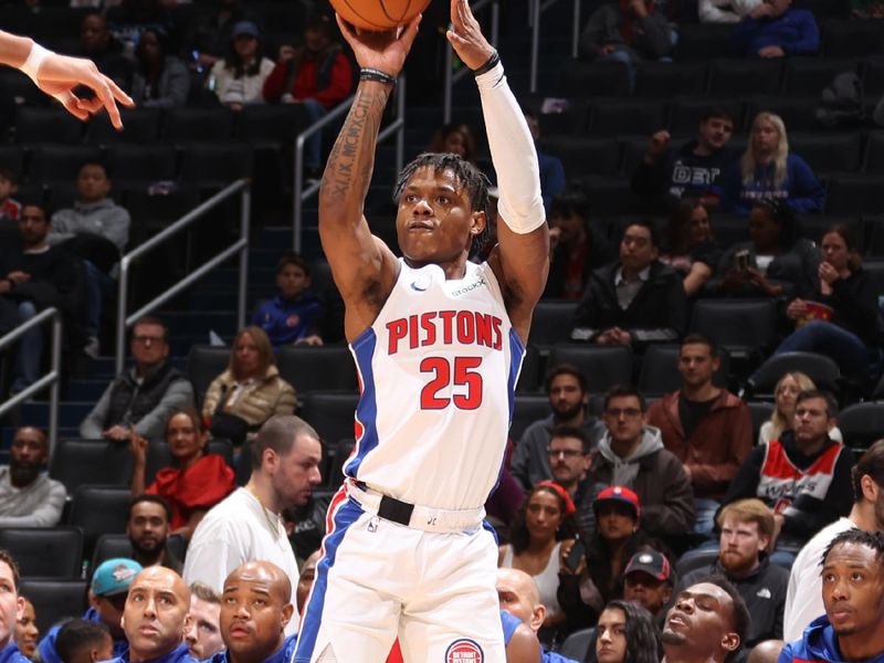 WASHINGTON, DC -? NOVEMBER 17: Marcus Sasser #25 of the Detroit Pistons shoots the ball during the game against the Washington Wizards on November 17, 2024 at Capital One Arena in Washington, DC. NOTE TO USER: User expressly acknowledges and agrees that, by downloading and or using this Photograph, user is consenting to the terms and conditions of the Getty Images License Agreement. Mandatory Copyright Notice: Copyright 2024 NBAE (Photo by Kenny Giarla/NBAE via Getty Images)