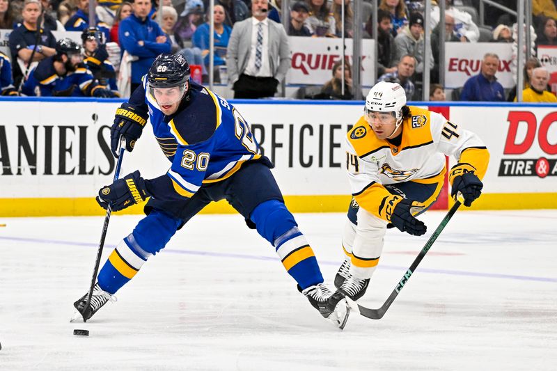 Nov 24, 2023; St. Louis, Missouri, USA;  St. Louis Blues left wing Brandon Saad (20) controls the puck as Nashville Predators left wing Kiefer Sherwood (44) defends during the second period at Enterprise Center. Mandatory Credit: Jeff Curry-USA TODAY Sports