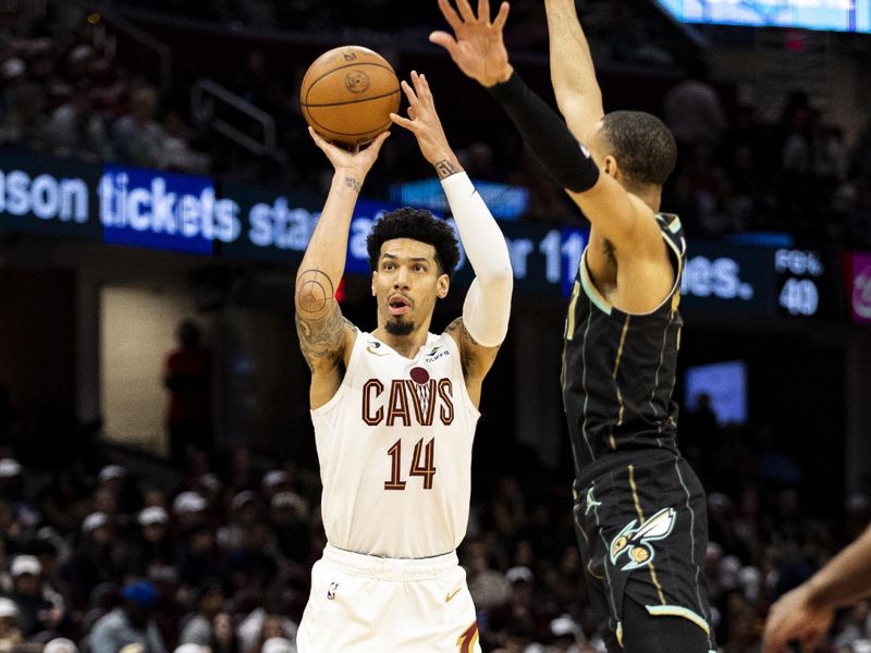 CLEVELAND, OH - APRIL 09: Danny Green #14 of the Cleveland Cavaliers shoots the ball during the game against the Charlotte Hornets at Rocket Mortgage Fieldhouse on April 9, 2023 in Cleveland, Ohio. The Hornets beat the Cavaliers 106-95. NOTE TO USER: User expressly acknowledges and agrees that, by downloading and/or using this Photograph, user is consenting to the terms and conditions of the Getty Images License Agreement. (Photo by Lauren Leigh Bacho/Getty Images)