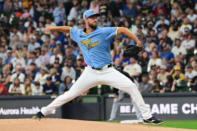 Aug 18, 2024; Milwaukee, Wisconsin, USA; Milwaukee Brewers starting pitcher Colin Rea (48) pitches against the Cleveland Guardians in the first inning at American Family Field. Mandatory Credit: Benny Sieu-USA TODAY Sports