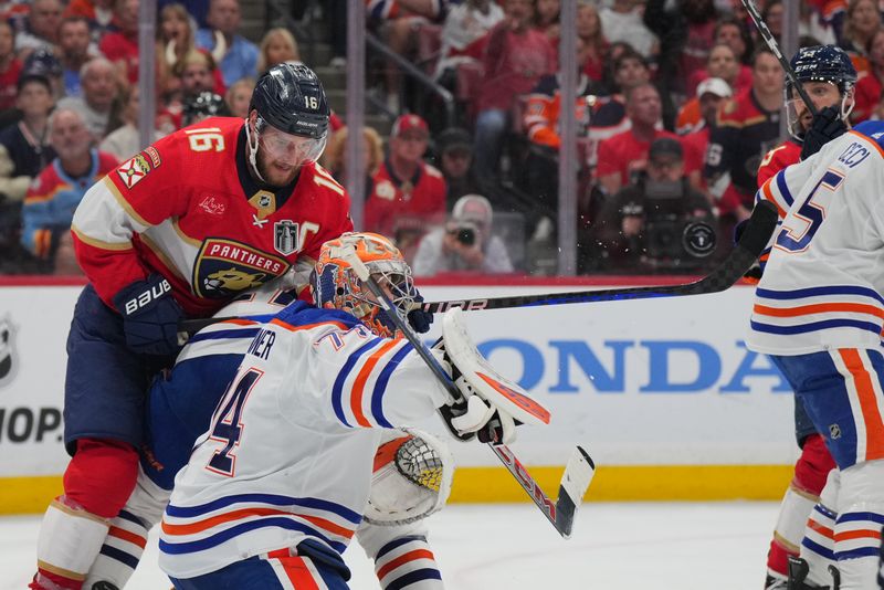 Jun 24, 2024; Sunrise, Florida, USA; Edmonton Oilers goaltender Skinner Stuart (74) defends against a shot on net by the Florida Panthers during the second period in game seven of the 2024 Stanley Cup Final at Amerant Bank Arena. Mandatory Credit: Jim Rassol-USA TODAY Sports