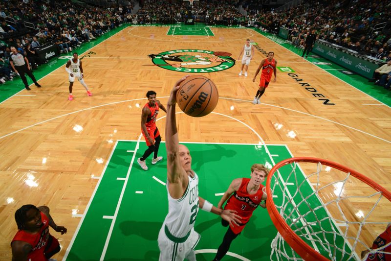 BOSTON, MA - OCTOBER 13: Jordan Walsh #27 of the Boston Celtics dunks the ball during the game against the Toronto Raptors during a NBA pre season game on October 13, 2024 at TD Garden in Boston, Massachusetts. NOTE TO USER: User expressly acknowledges and agrees that, by downloading and/or using this Photograph, user is consenting to the terms and conditions of the Getty Images License Agreement. Mandatory Copyright Notice: Copyright 2024 NBAE (Photo by Brian Babineau/NBAE via Getty Images)