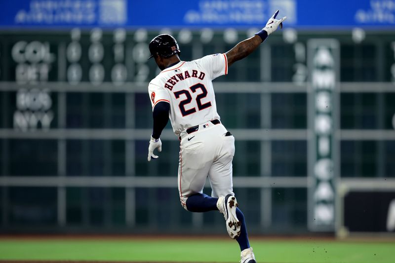 Sep 12, 2024; Houston, Texas, USA; Houston Astros right fielder Jason Heyward (22) reacts after hitting a two-run home run to right field against the Oakland Athletics during the second inning at Minute Maid Park. Mandatory Credit: Erik Williams-Imagn Images