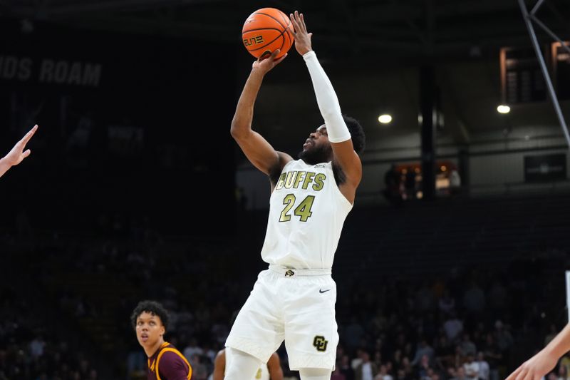 Feb 7, 2026; Boulder, Colorado, USA; Colorado Buffaloes guard Barrington Hargress (24) lines up a shot in the second half against the Arizona State Sun Devils at the CU Events Center. Mandatory Credit: Ron Chenoy-Imagn Images