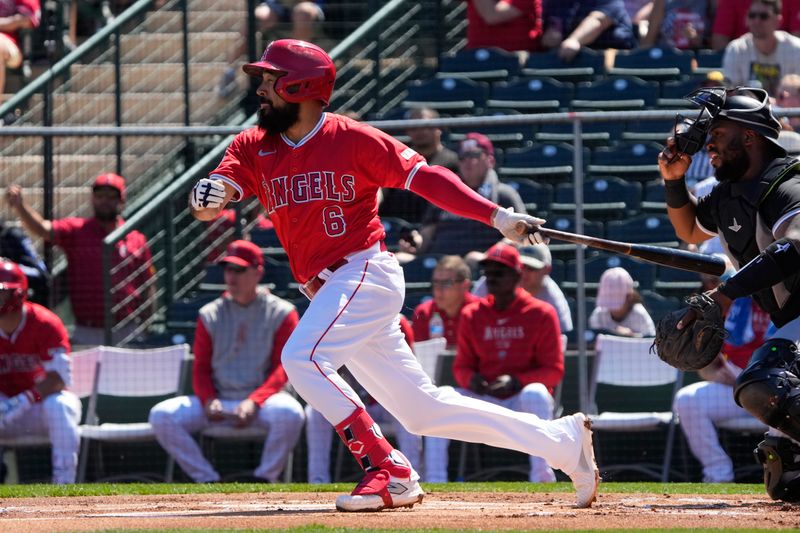 Mar 22, 2024; Tempe, Arizona, USA; Los Angeles Angels third baseman Anthony Rendon (6) hits against the Chicago White Sox in the first inning at Tempe Diablo Stadium. Mandatory Credit: Rick Scuteri-USA TODAY Sports