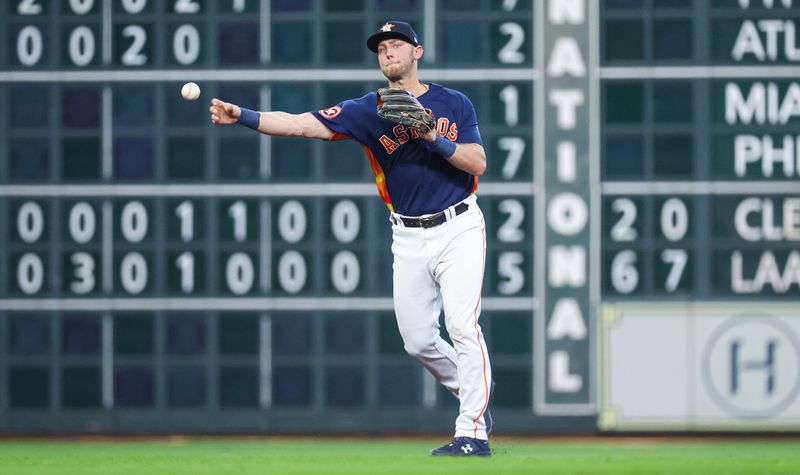 Sep 10, 2023; Houston, Texas, USA; Houston Astros shortstop Grae Kessinger (16) throws out a runner during the eighth inning against the San Diego Padres at Minute Maid Park. Mandatory Credit: Troy Taormina-USA TODAY Sports