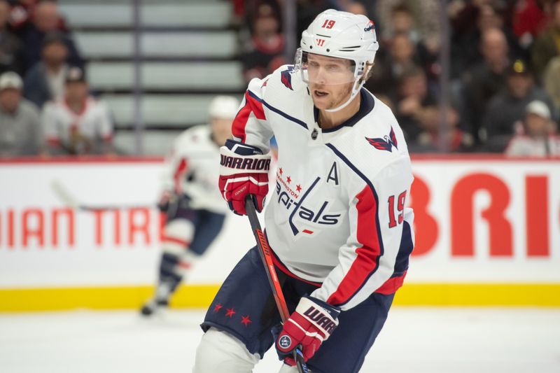 Oct 18, 2023; Ottawa, Ontario, CAN; Washington Capitals center Nicklas Backstrom (19) skates in the first period against the Ottawa Senators at the Canadian Tire Centre. Mandatory Credit: Marc DesRosiers-USA TODAY Sports