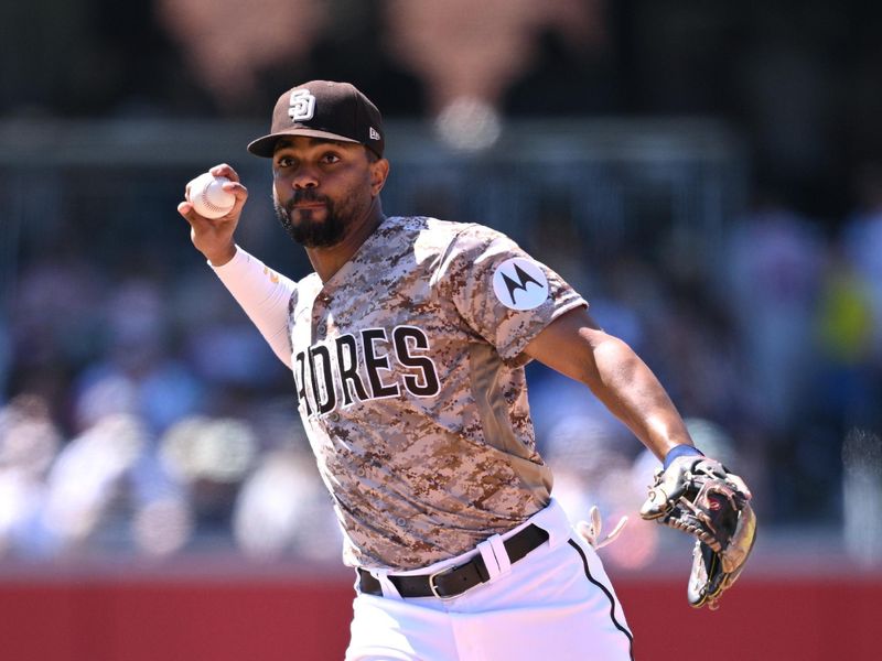 Jul 9, 2023; San Diego, California, USA; San Diego Padres shortstop Xander Bogaerts (2) throws to first base on a ground out by New York Mets right fielder Jeff McNeil (not pictured) during the seventh inning at Petco Park. Mandatory Credit: Orlando Ramirez-USA TODAY Sports