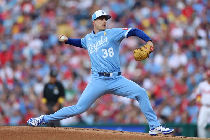 Sep 13, 2025; Philadelphia, Pennsylvania, USA; Kansas City Royals pitcher Ryan Bergert (38) throws a pitch against the Philadelphia Phillies during the first inning at Citizens Bank Park. Mandatory Credit: Bill Streicher-Imagn Images