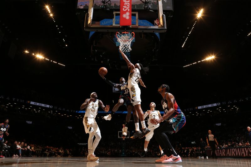 BROOKLYN, NY - APRIL 3: Dennis Schroder #17 of the Brooklyn Nets drives to the basket during the game against the Indiana Pacers on April 3, 2024 at Barclays Center in Brooklyn, New York. NOTE TO USER: User expressly acknowledges and agrees that, by downloading and or using this Photograph, user is consenting to the terms and conditions of the Getty Images License Agreement. Mandatory Copyright Notice: Copyright 2024 NBAE (Photo by Nathaniel S. Butler/NBAE via Getty Images)