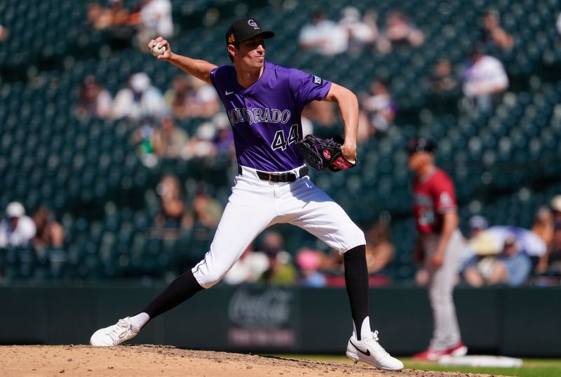 Aug 17, 2025; Denver, Colorado, USA; Colorado Rockies relief pitcher Jimmy Herget (44) delivers a pitch in the eighth inning against the Arizona Diamondbacks at Coors Field. Mandatory Credit: Ron Chenoy-Imagn Images