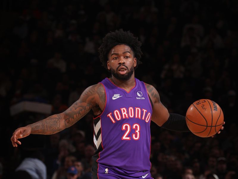 NEW YORK, NY - JANUARY 8:   Jamal Shead #23 of the Toronto Raptors dribbles the ball during the game against the New York Knicks on January 8, 2025 at Madison Square Garden in New York City, New York.  NOTE TO USER: User expressly acknowledges and agrees that, by downloading and or using this photograph, User is consenting to the terms and conditions of the Getty Images License Agreement. Mandatory Copyright Notice: Copyright 2024 NBAE  (Photo by Nathaniel S. Butler/NBAE via Getty Images)