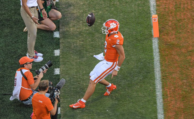 Oct 7, 2023; Clemson, South Carolina, USA; Clemson Tigers quarterback Cade Klubnik (2) celebrates after a touchdown run against Wake Forest Demon Deacons during the second quarter at Memorial Stadium. Mandatory Credit: Ken Ruinard-USA TODAY Sports