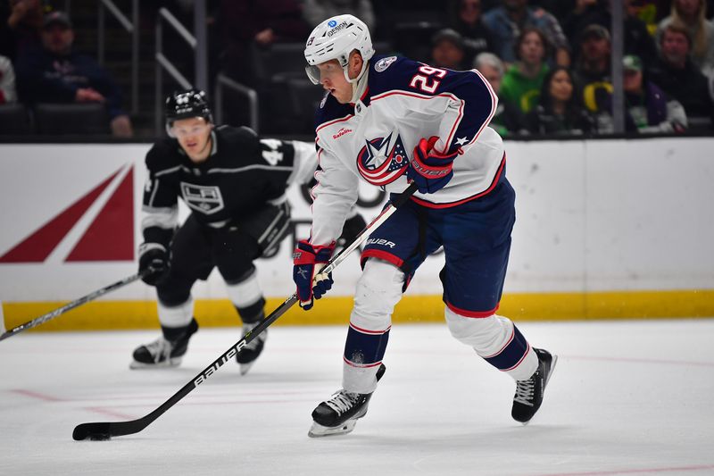 Mar 16, 2023; Los Angeles, California, USA; Columbus Blue Jackets left wing Patrik Laine (29) moves in for a shot on goal against the Los Angeles Kings during the first period at Crypto.com Arena. Mandatory Credit: Gary A. Vasquez-USA TODAY Sports