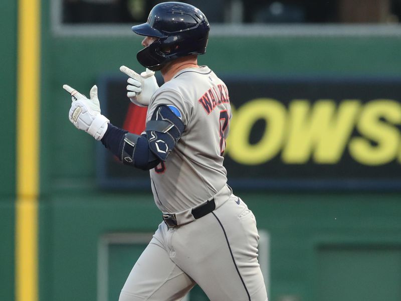 Jun 3, 2025; Pittsburgh, Pennsylvania, USA;  Houston Astros first baseman Christian Walker (8) gestures to the Astros bullpen as he circles the bases on a solo home run against the Pittsburgh Pirates during the seventh inning at PNC Park. Mandatory Credit: Charles LeClaire-Imagn Images