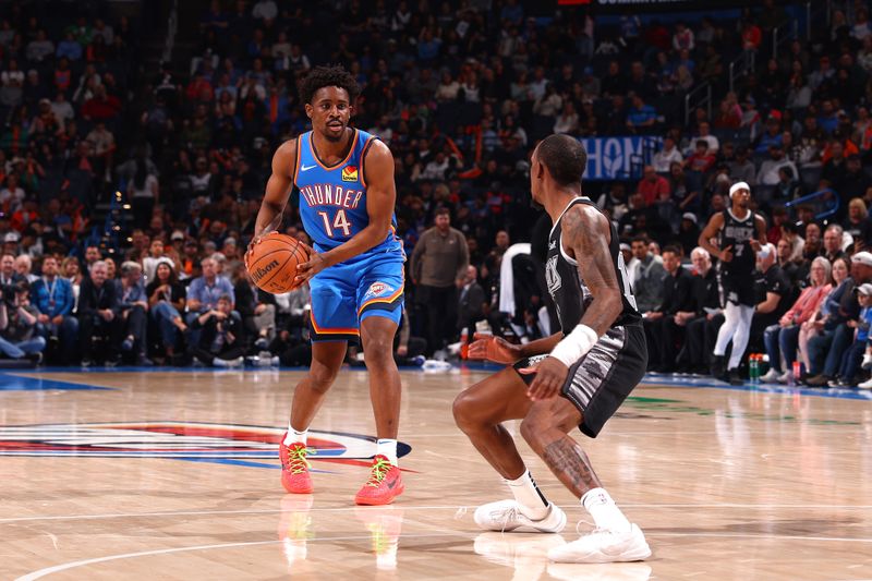 OKLAHOMA CITY, OK - APRIL 10:  Adam Flagler #14 of the Oklahoma City Thunder handles the ball during the game against the San Antonio Spurs on April 10, 2024 at Paycom Arena in Oklahoma City, Oklahoma. NOTE TO USER: User expressly acknowledges and agrees that, by downloading and or using this photograph, User is consenting to the terms and conditions of the Getty Images License Agreement. Mandatory Copyright Notice: Copyright 2024 NBAE (Photo by Zach Beeker/NBAE via Getty Images)