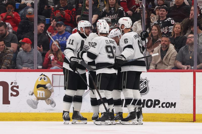 Mar 14, 2026; Newark, New Jersey, USA; Los Angeles Kings left wing Artemi Panarin (10) celebrates his goal against the New Jersey Devils during the second period at Prudential Center. Mandatory Credit: Ed Mulholland-Imagn Images Mar 14, 2026; Newark, New Jersey, USA; Los Angeles Kings left wing Artemi Panarin (10) celebrates his goal against the New Jersey Devils during the second period at Prudential Center. Mandatory Credit: Ed Mulholland-Imagn Images