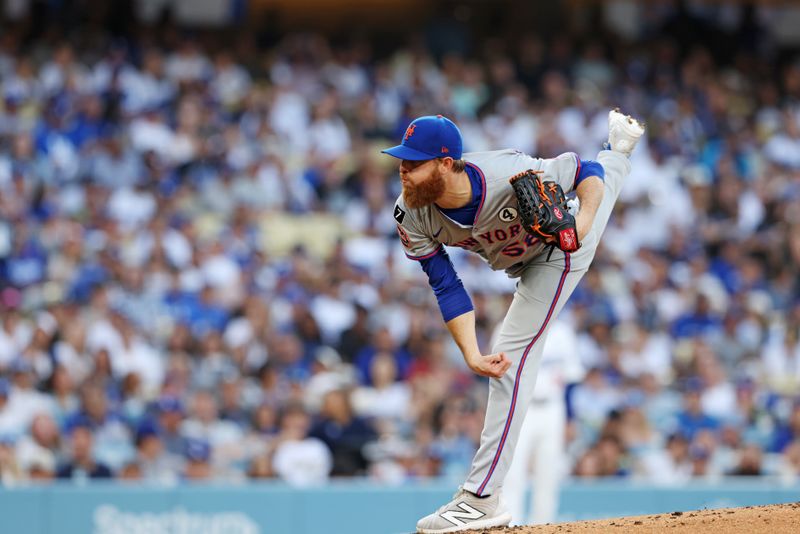 Jun 2, 2025; Los Angeles, California, USA; New York Mets Paul Blackburn (58) pitches during the first inning against the Los Angeles Dodgers at Dodger Stadium. Mandatory Credit: Jason Parkhurst-Imagn Images