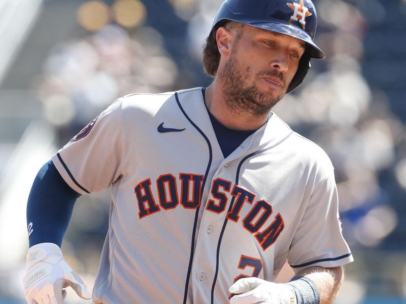 Apr 12, 2023; Pittsburgh, Pennsylvania, USA;  Houston Astros third baseman Alex Bregman (2) circles the bases on a three-run home run against the Pittsburgh Pirates during the seventh inning at PNC Park. Mandatory Credit: Charles LeClaire-USA TODAY Sports