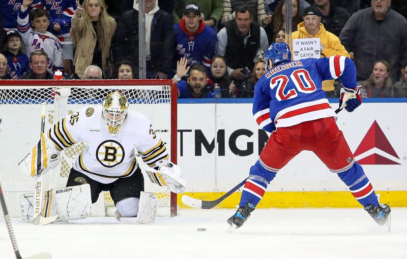 Nov 25, 2023; New York, New York, USA; New York Rangers left wing Chris Kreider (20) takes a shot at Boston Bruins goalie Linus Ullmark (35) during the third period at Madison Square Garden. Mandatory Credit: Danny Wild-USA TODAY Sports