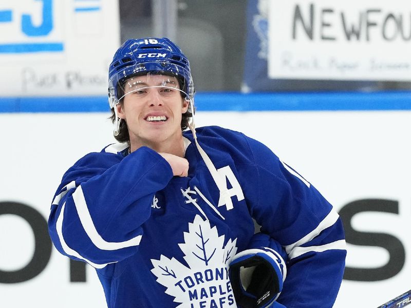 Nov 9, 2024; Toronto, Ontario, CAN; Toronto Maple Leafs right wing Mitch Marner (16) skates during the warmup before a game against the Montreal Canadiens at Scotiabank Arena. Mandatory Credit: Nick Turchiaro-Imagn Images