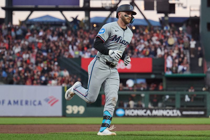 Aug 31, 2024; San Francisco, California, USA; Miami Marlins infielder Connor Norby (24) runs the bases after hitting a one-run home run against the San Francisco Giants during the sixth inning at Oracle Park. Mandatory Credit: Robert Edwards-USA TODAY Sports