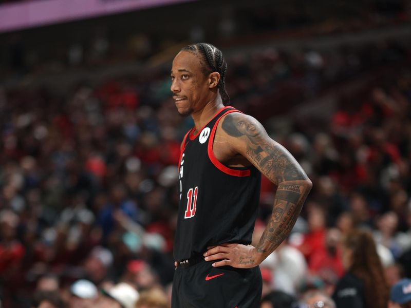 CHICAGO, IL -FEBRUARY 27: DeMar DeRozan #11 of the Chicago Bulls looks on during the game against the Detroit Pistons on February 27, 2024 at United Center in Chicago, Illinois. NOTE TO USER: User expressly acknowledges and agrees that, by downloading and or using this photograph, User is consenting to the terms and conditions of the Getty Images License Agreement. Mandatory Copyright Notice: Copyright 2024 NBAE (Photo by Jeff Haynes/NBAE via Getty Images)