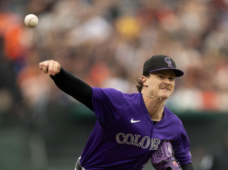 Jul 27, 2024; San Francisco, California, USA; Colorado Rockies starting pitcher Ryan Feltner (18) delivers a pitch against the San Francisco Giants during the first inning at Oracle Park. Mandatory Credit: D. Ross Cameron-USA TODAY Sports