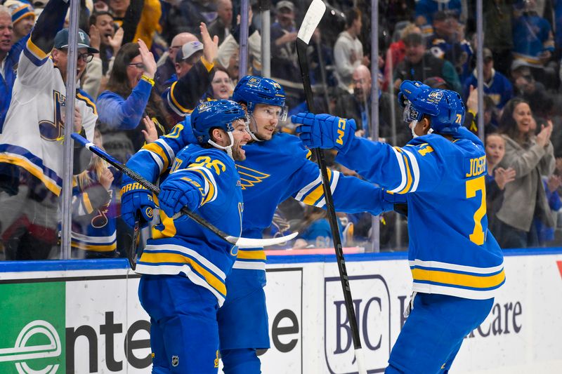 Nov 28, 2025; St. Louis, Missouri, USA; St. Louis Blues center Oskar Sundqvist (70) celebrates with left wing Nathan Walker (26) and right wing Mathieu Joseph (71) after scoring against the Ottawa Senators during the second period at Enterprise Center. Mandatory Credit: Jeff Curry-Imagn Images