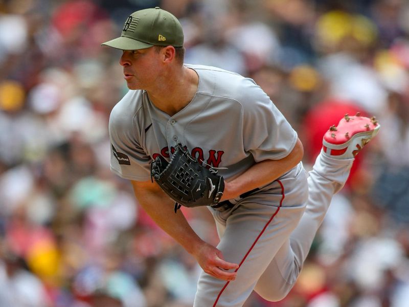 May 21, 2023; San Diego, California, USA; Boston Red Sox starting pitcher Corey Kluber (28) throws a pitch against the San Diego Padres in the first inning at Petco Park. Mandatory Credit: David Frerker-USA TODAY Sports