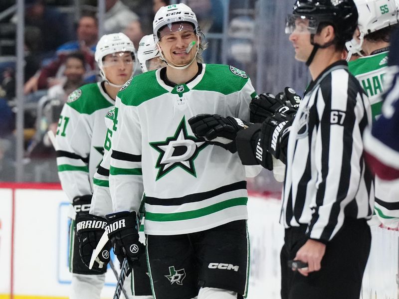 Apr 7, 2024; Denver, Colorado, USA; Dallas Stars center Roope Hintz (24) celebrates his goal scored in the second period against the Colorado Avalanche at Ball Arena. Mandatory Credit: Ron Chenoy-USA TODAY Sports