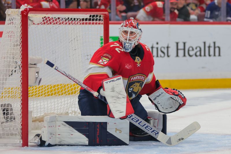 May 16, 2025; Sunrise, Florida, USA; Florida Panthers goaltender Sergei Bobrovsky (72) defends his net against the Toronto Maple Leafs during the first period in game six of the second round of the 2025 Stanley Cup Playoffs at Amerant Bank Arena. Mandatory Credit: Sam Navarro-Imagn Images