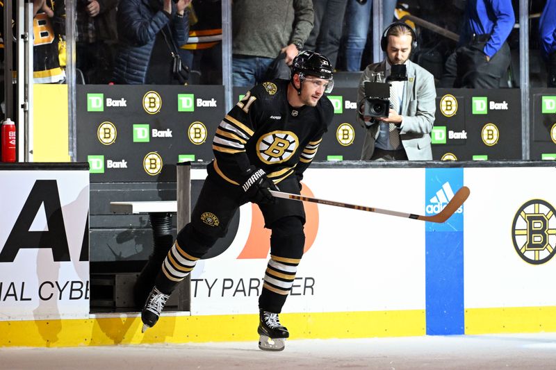 Oct 14, 2023; Boston, Massachusetts, USA; Boston Bruins left wing James van Riemsdyk (21) is introduced as one of the three stars of the game after a game against the Nashville Predators at the TD Garden. Mandatory Credit: Brian Fluharty-USA TODAY Sports