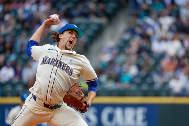 Jun 16, 2024; Seattle, Washington, USA; Seattle Mariners starting pitcher Logan Gilbert (36) throws against the Texas Rangers during the first inning at T-Mobile Park. Mandatory Credit: Joe Nicholson-USA TODAY Sports