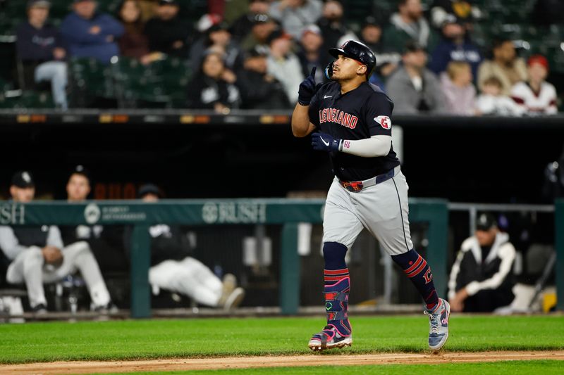 May 9, 2024; Chicago, Illinois, USA; Cleveland Guardians first base Josh Naylor (22) reacts after hitting a solo home run against the Chicago White Sox during the eight inning at Guaranteed Rate Field. Mandatory Credit: Kamil Krzaczynski-USA TODAY Sports