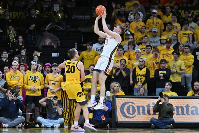 Mar 10, 2024; Iowa City, Iowa, USA; Illinois Fighting Illini forward Marcus Domask (3) shoots the ball as Iowa Hawkeyes forward Payton Sandfort (20) defends during the second half at Carver-Hawkeye Arena. Mandatory Credit: Jeffrey Becker-USA TODAY Sports