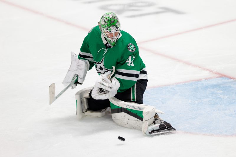 Mar 16, 2024; Dallas, Texas, USA; Dallas Stars goaltender Scott Wedgewood (41) makes a toe save during the third period against the Los Angeles Kings at American Airlines Center. Mandatory Credit: Andrew Dieb-USA TODAY Sports