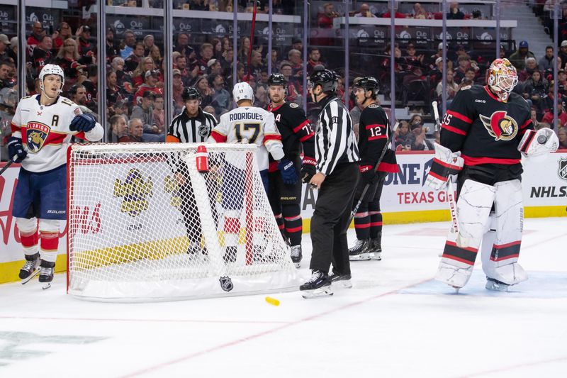 Oct 10, 2024; Ottawa, Ontario, CAN; Ottawa Senators goalie Linus Ullmark (35) makes a save in the second period against the Florida Panthers at the Canadian Tire Centre. Mandatory Credit: Marc DesRosiers-Imagn Images