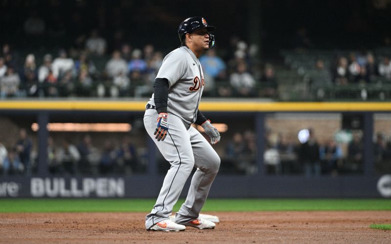 Apr 25, 2023; Milwaukee, Wisconsin, USA; Detroit Tigers designated hitter Miguel Cabrera (24) leads off second base against the Milwaukee Brewers in the third inning at American Family Field. Mandatory Credit: Michael McLoone-USA TODAY Sports