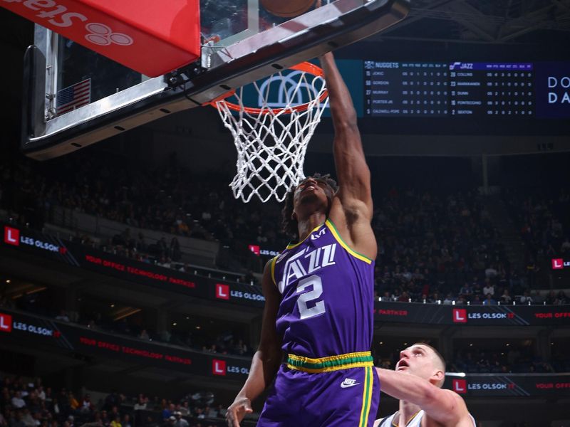SALT LAKE CITY, UT - JANUARY 10: Colin Sexton #2 of the Utah Jazz drives to the basket during the game against the Denver Nuggets on January 10, 2024 at Delta Center in Salt Lake City, Utah. NOTE TO USER: User expressly acknowledges and agrees that, by downloading and or using this Photograph, User is consenting to the terms and conditions of the Getty Images License Agreement. Mandatory Copyright Notice: Copyright 2024 NBAE (Photo by Melissa Majchrzak/NBAE via Getty Images)