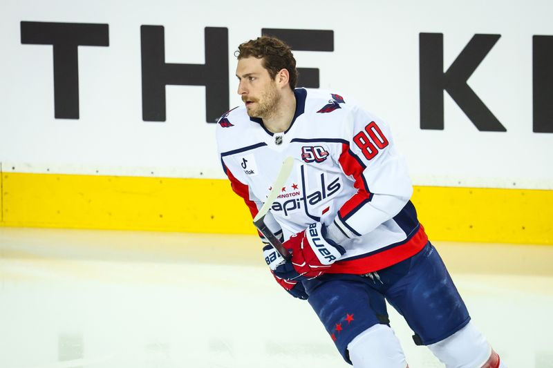 Jan 28, 2025; Calgary, Alberta, CAN; Washington Capitals left wing Pierre-Luc Dubois (80) skates during the warmup period against the Calgary Flames at Scotiabank Saddledome. Mandatory Credit: Sergei Belski-Imagn Images