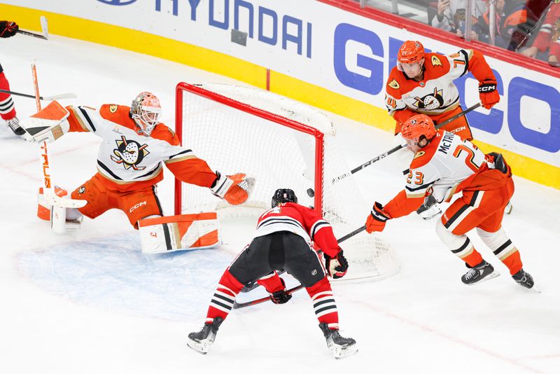 Oct 19, 2025; Chicago, Illinois, USA; Chicago Blackhawks center Ryan Donato (8) scores in overtime a game winning goal against the Anaheim Ducks at United Center. Mandatory Credit: Kamil Krzaczynski-Imagn Images