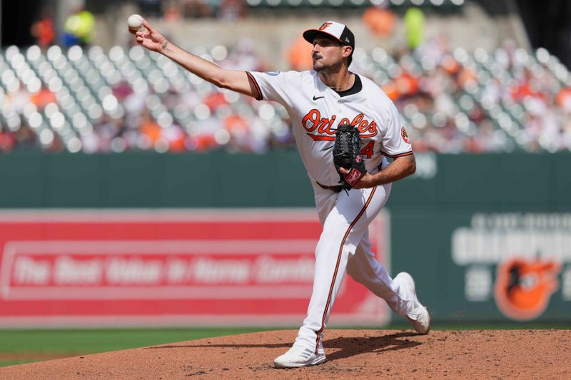 Sep 19, 2024; Baltimore, Maryland, USA; Baltimore Orioles pitcher Zach Efflin (24) delivers a second inning pitch against the San Francisco Giants at Oriole Park at Camden Yards. Mandatory Credit: Mitch Stringer-Imagn Images