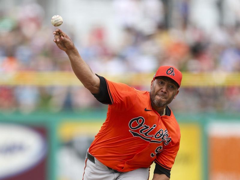 Mar 5, 2024; Clearwater, Florida, USA;  Baltimore Orioles pitcher Albert Suarez (92) throws a pitch against the Philadelphia Phillies in the second inning at BayCare Ballpark. Mandatory Credit: Nathan Ray Seebeck-USA TODAY Sports