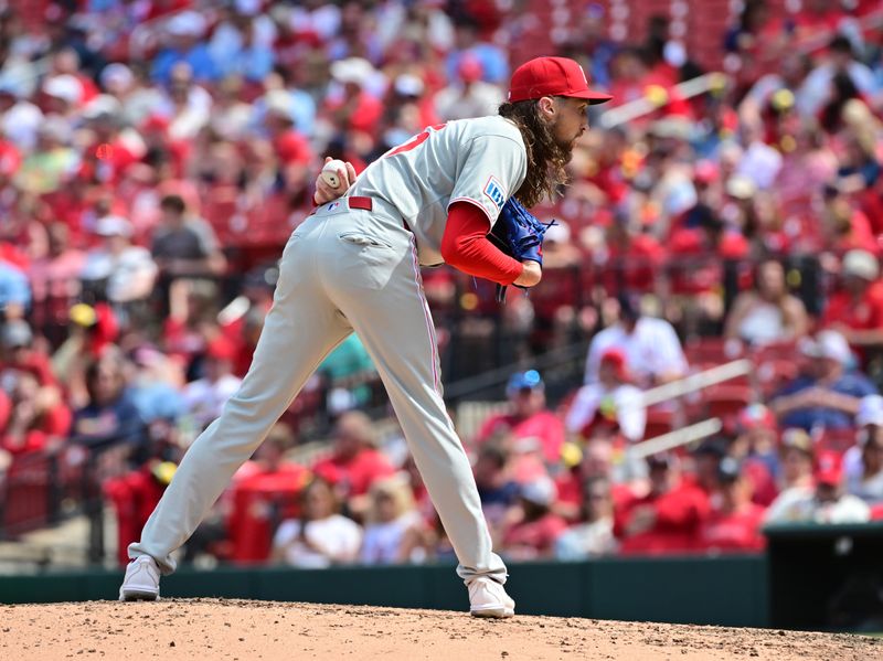 Apr 13, 2025; St. Louis, Missouri, USA; Philadelphia Phillies pitcher Matt Strahm (25) pitches in relief in the seventh inning against the St. Louis Cardinals at Busch Stadium. Mandatory Credit: Tim Vizer-Imagn Images