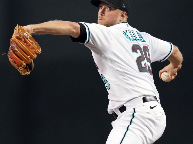 Sep 30, 2023; Phoenix, Arizona, USA; Arizona Diamondbacks starting pitcher Merrill Kelly (29) pitches against the Houston Astros during the third inning at Chase Field. Mandatory Credit: Joe Camporeale-USA TODAY Sports