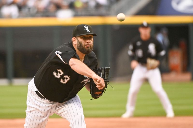 Apr 29, 2023; Chicago, Illinois, USA;  Chicago White Sox starting pitcher Lance Lynn (33) delivers against the Tampa Bay Rays during the first inning at Guaranteed Rate Field. Mandatory Credit: Matt Marton-USA TODAY Sports